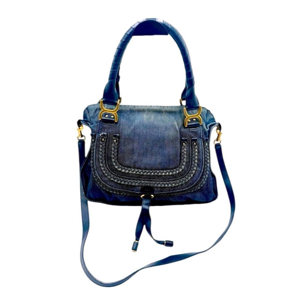 Auth Chloe Dark Blue Denimβ& Leather Medium Marcie Double Satchel Preloved
